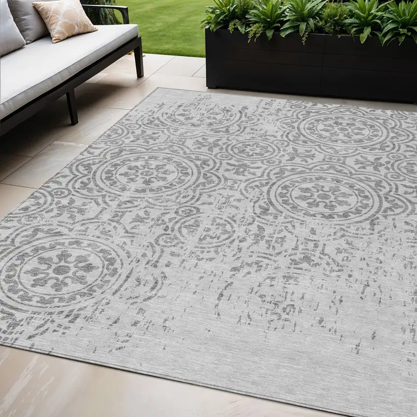 Silver And Gray Medallion Washable Indoor Outdoor Area Rug Photo 1