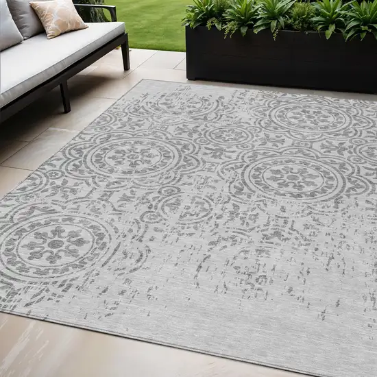 Silver And Gray Medallion Washable Indoor Outdoor Area Rug Photo 1