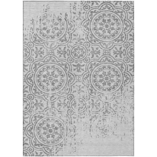 Silver And Gray Medallion Washable Indoor Outdoor Area Rug Photo 1