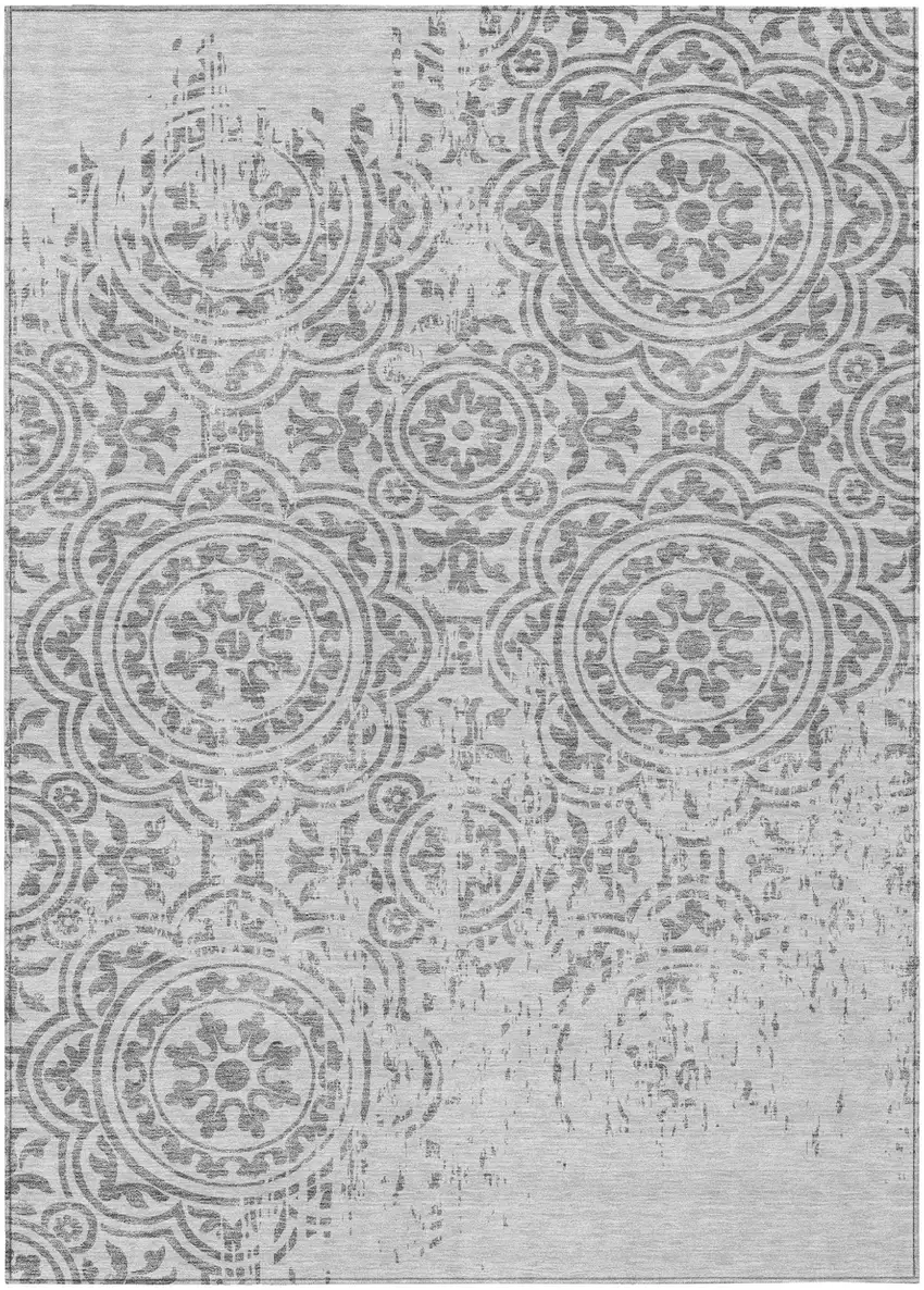 Silver And Gray Medallion Washable Indoor Outdoor Area Rug Photo 1