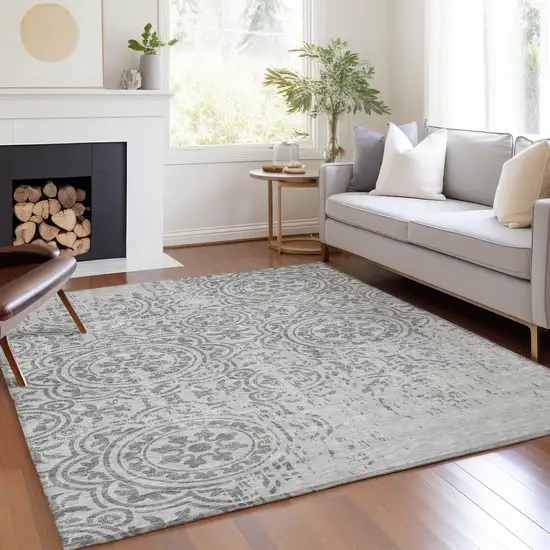 Silver And Gray Medallion Washable Indoor Outdoor Area Rug Photo 7