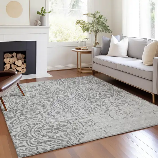 Silver And Gray Medallion Washable Indoor Outdoor Area Rug Photo 7