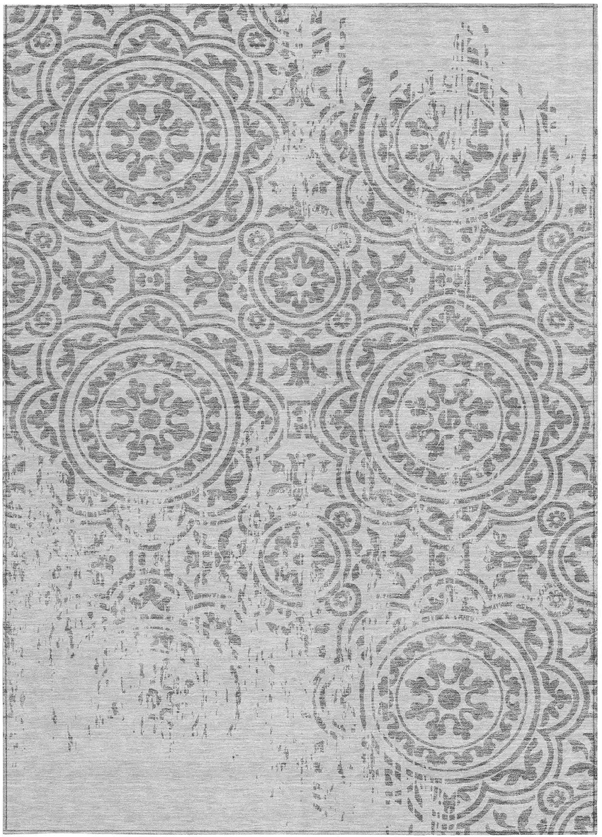 Silver And Gray Medallion Washable Indoor Outdoor Area Rug Photo 5