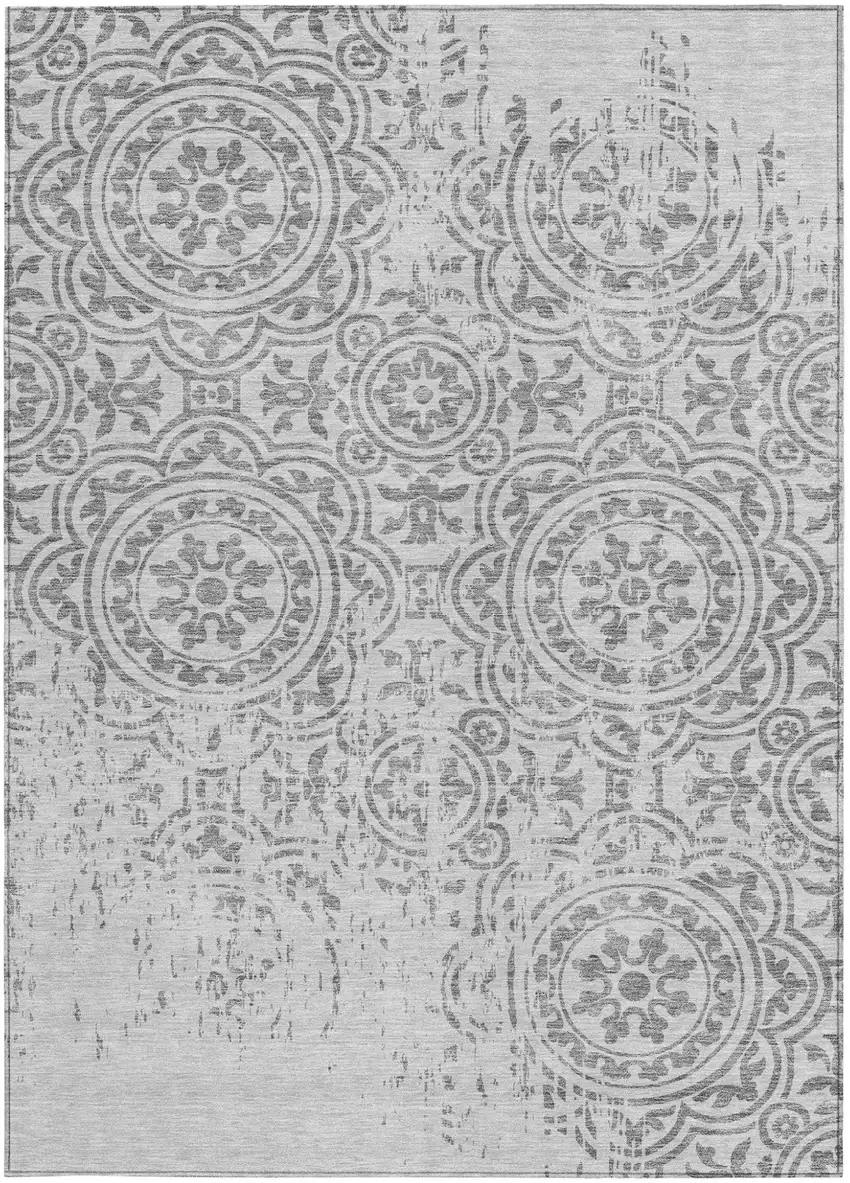 Silver And Gray Medallion Washable Indoor Outdoor Area Rug Photo 5