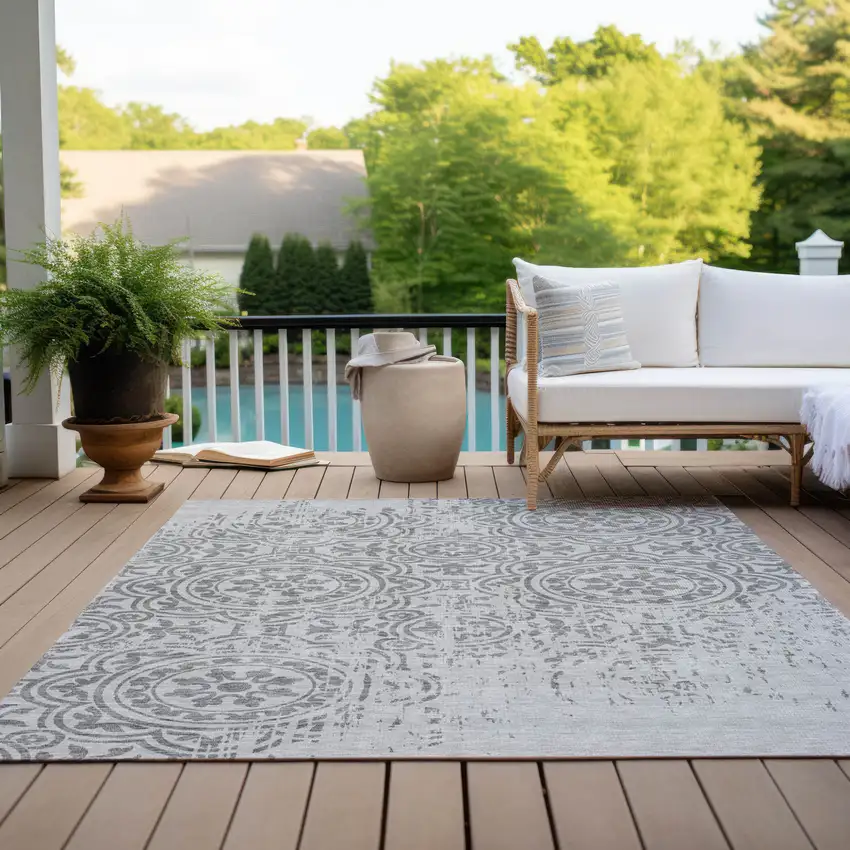 Silver And Gray Medallion Washable Indoor Outdoor Area Rug Photo 9