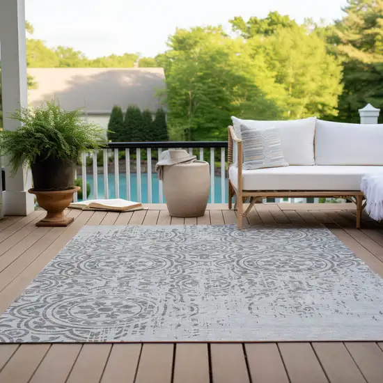 Silver And Gray Medallion Washable Indoor Outdoor Area Rug Photo 9