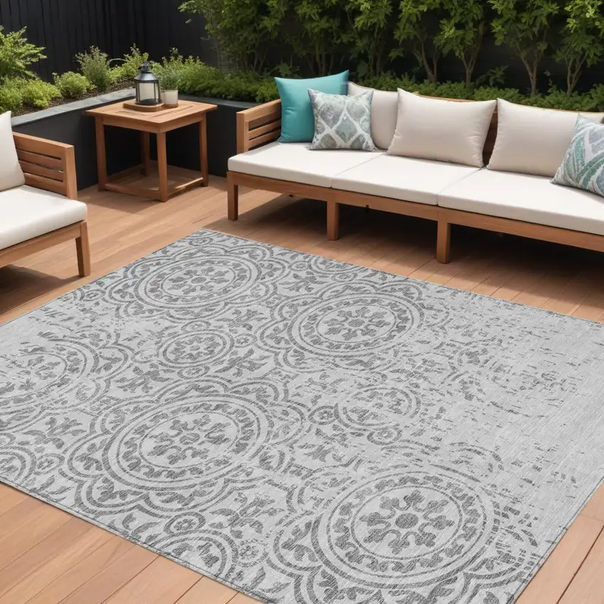 Silver And Gray Medallion Washable Indoor Outdoor Area Rug Photo 1