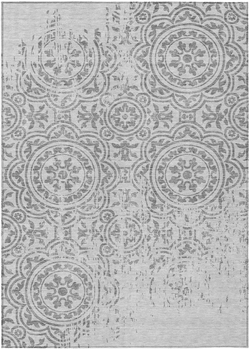 Silver And Gray Medallion Washable Indoor Outdoor Area Rug Photo 1