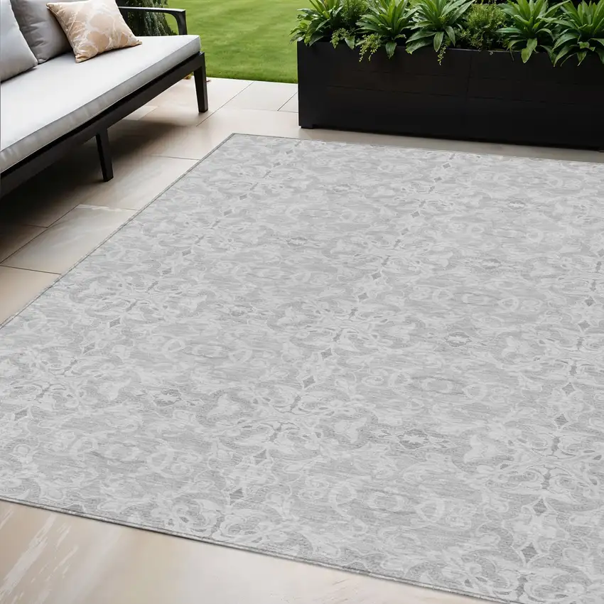 Silver And Gray Medallion Washable Indoor Outdoor Area Rug Photo 1