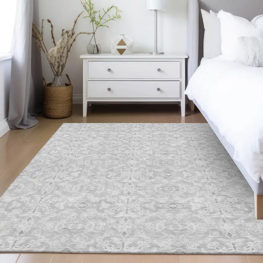 Silver And Gray Medallion Washable Indoor Outdoor Area Rug Photo 9
