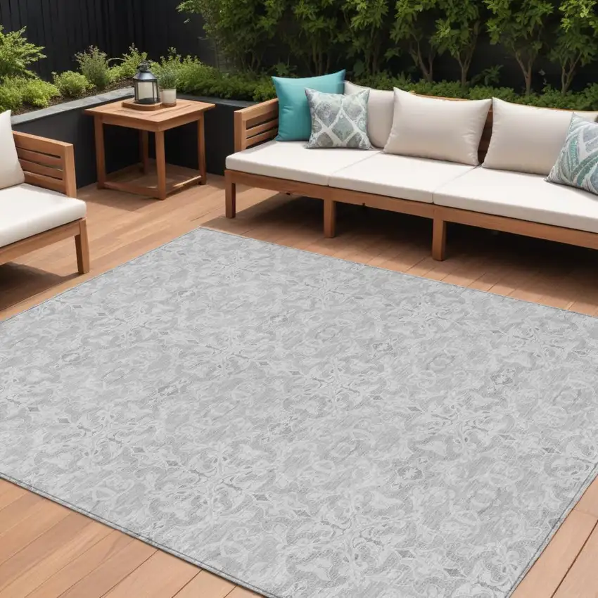 Silver And Gray Medallion Washable Indoor Outdoor Area Rug Photo 1
