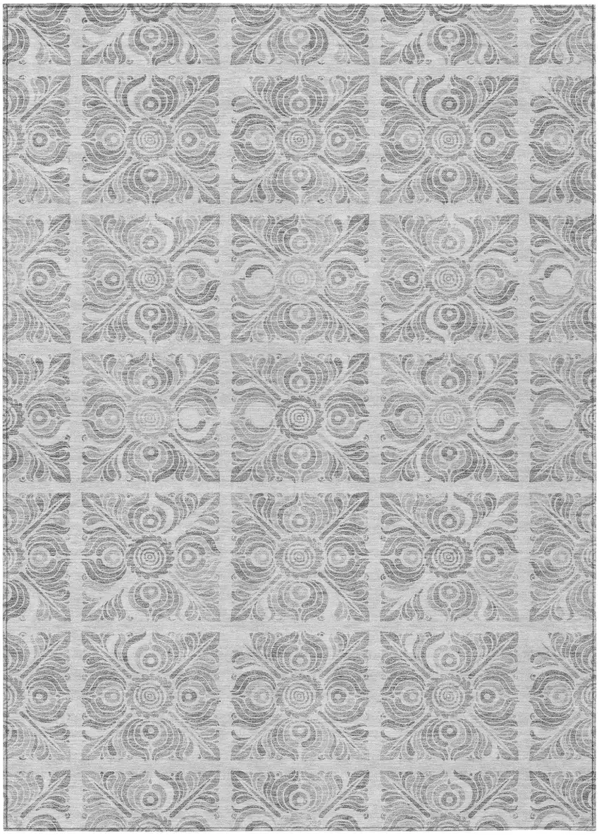 Silver And Gray Medallion Washable Indoor Outdoor Area Rug Photo 2