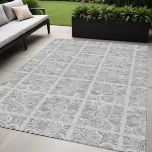 Photo of Silver And Gray Medallion Washable Indoor Outdoor Area Rug