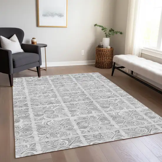 Silver And Gray Medallion Washable Indoor Outdoor Area Rug Photo 9