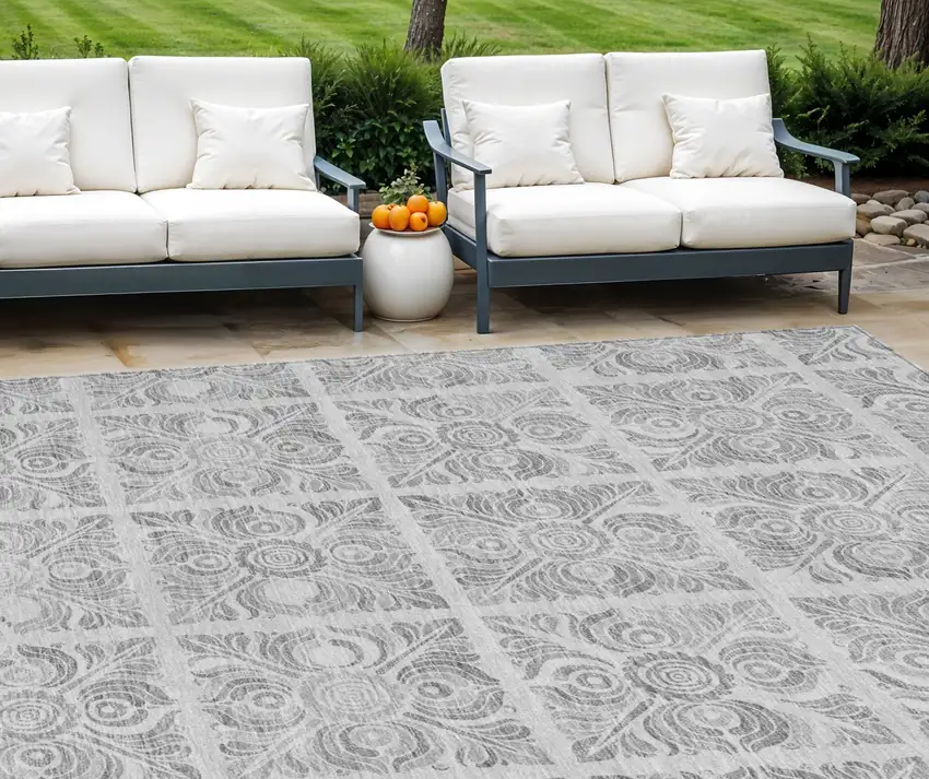 Silver And Gray Medallion Washable Indoor Outdoor Area Rug Photo 1