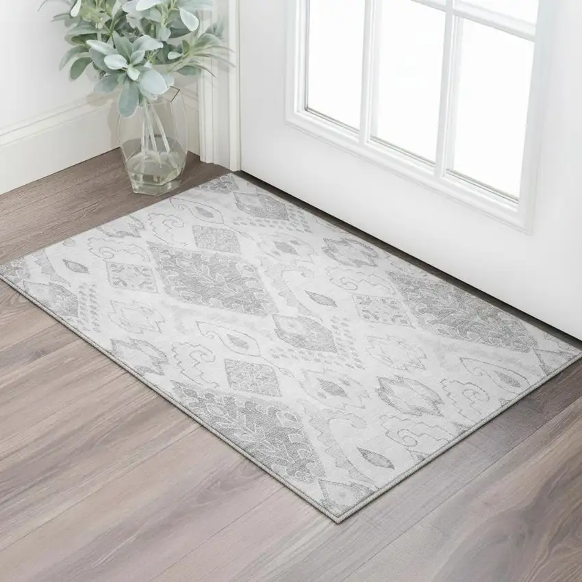 Silver And Gray Moroccan Washable Area Rug With UV Protection Photo 2