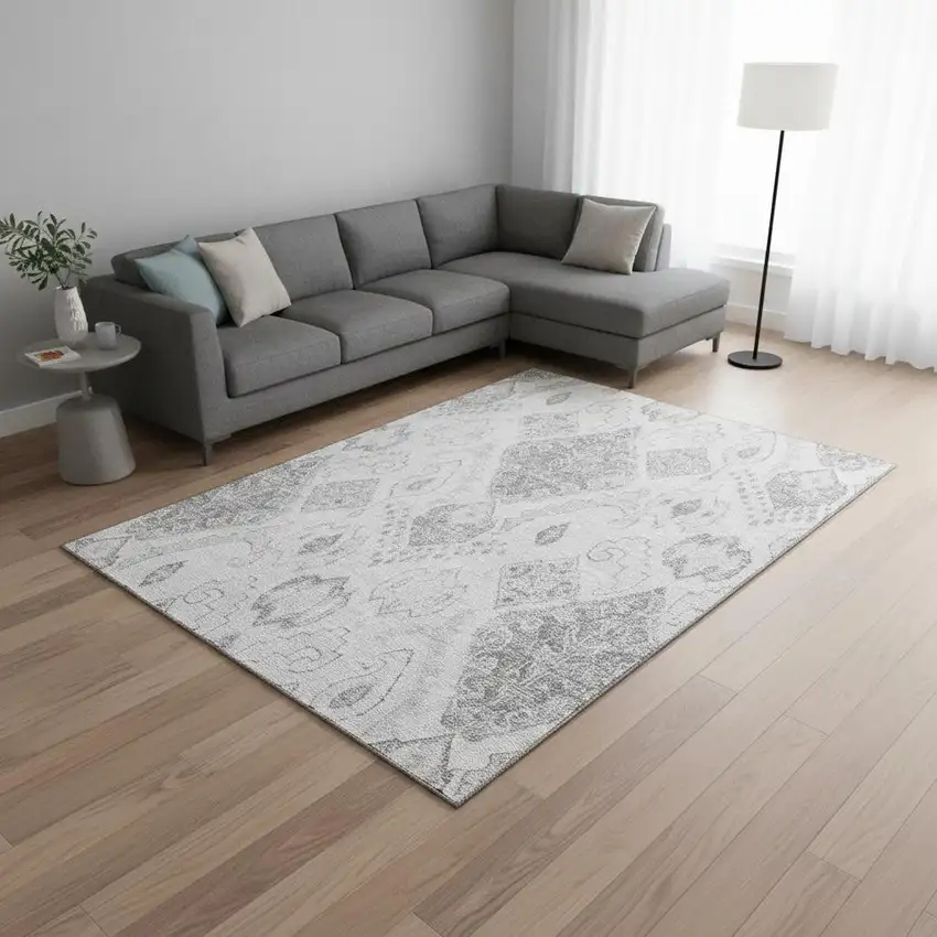 Silver And Gray Moroccan Washable Area Rug With UV Protection Photo 2