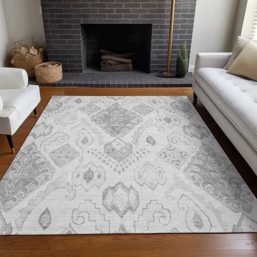 Silver And Gray Moroccan Washable Area Rug With UV Protection Photo 5