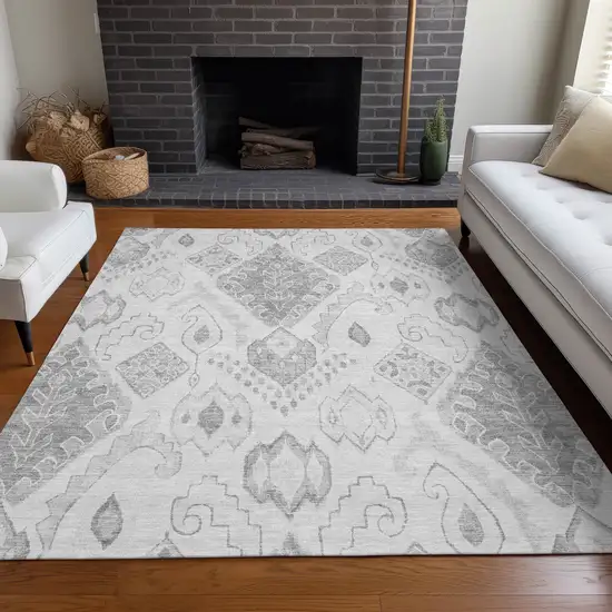 Silver And Gray Moroccan Washable Area Rug With UV Protection Photo 5