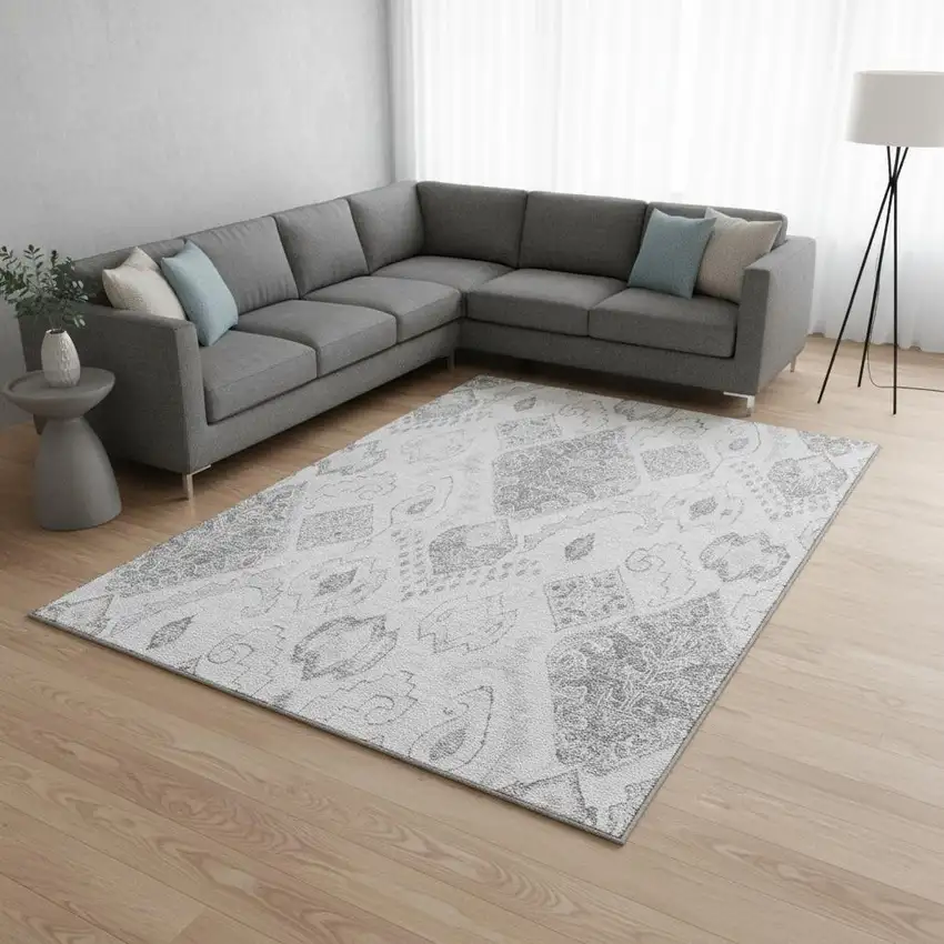 Silver And Gray Moroccan Washable Area Rug With UV Protection Photo 2