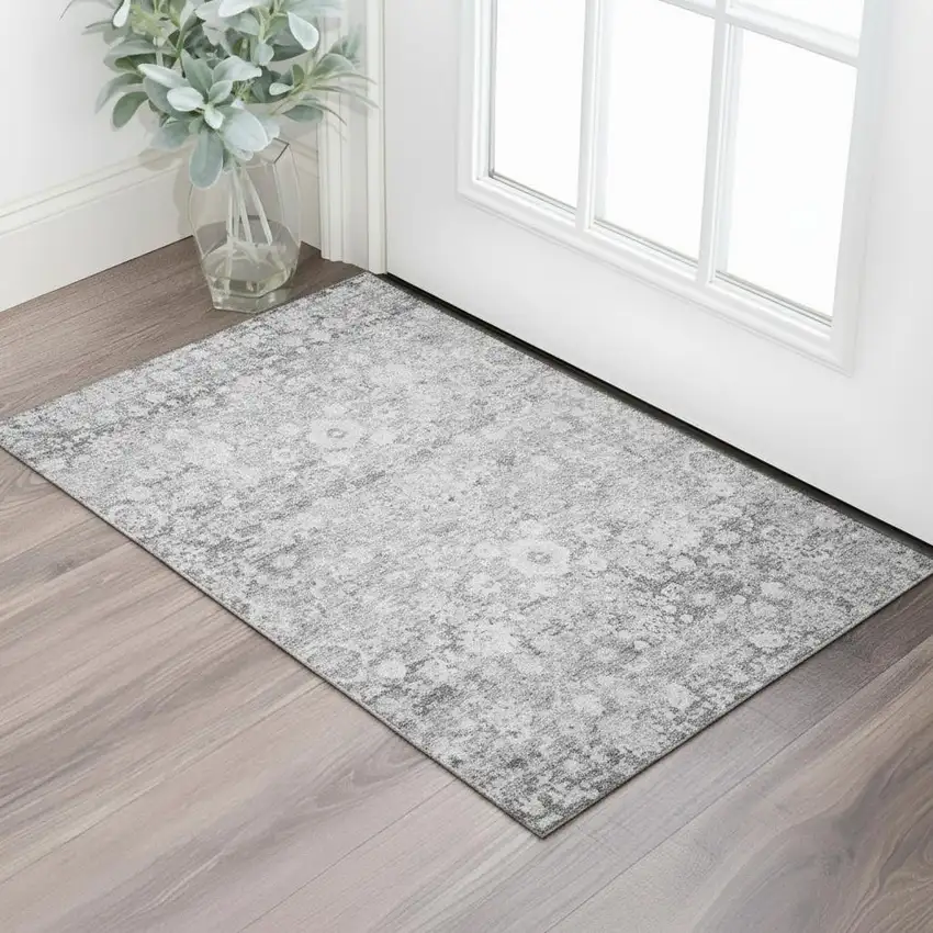 Silver And Gray Oriental Washable Area Rug With UV Protection Photo 1