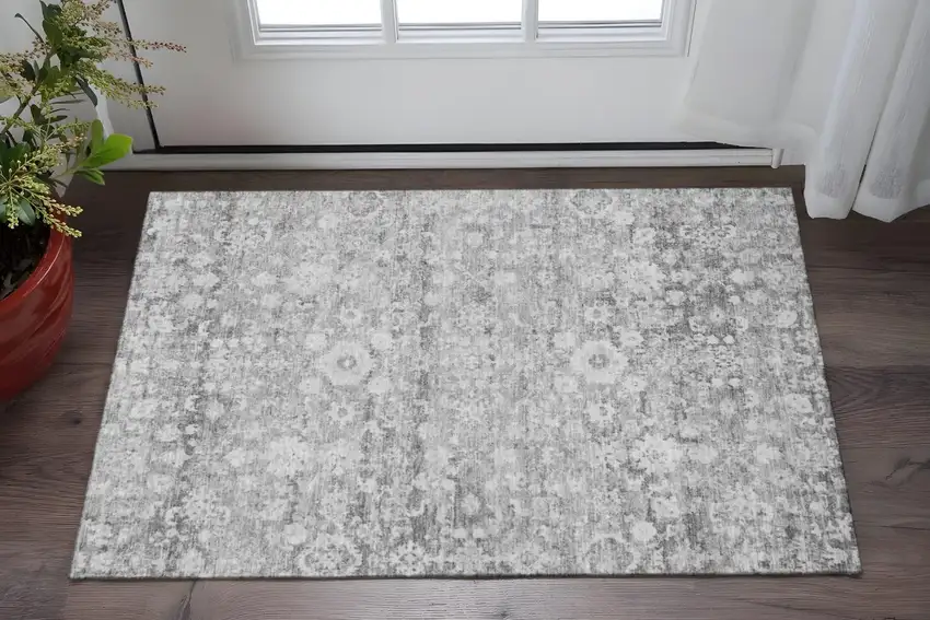 Silver And Gray Oriental Washable Area Rug With UV Protection Photo 2