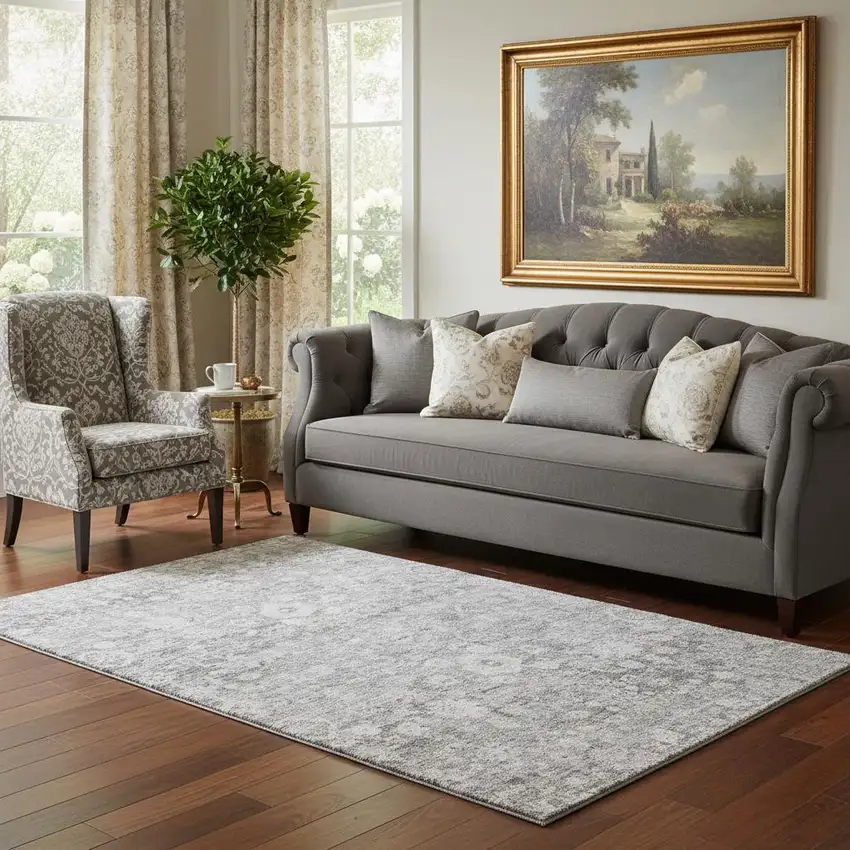 Silver And Gray Oriental Washable Area Rug With UV Protection Photo 1