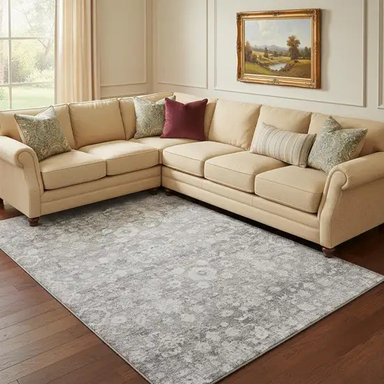 Silver And Gray Oriental Washable Area Rug With UV Protection Photo 1