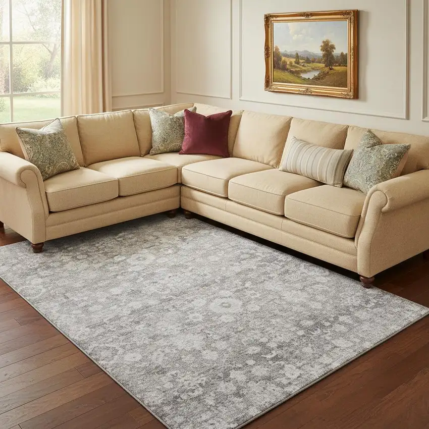 Silver And Gray Oriental Washable Area Rug With UV Protection Photo 1