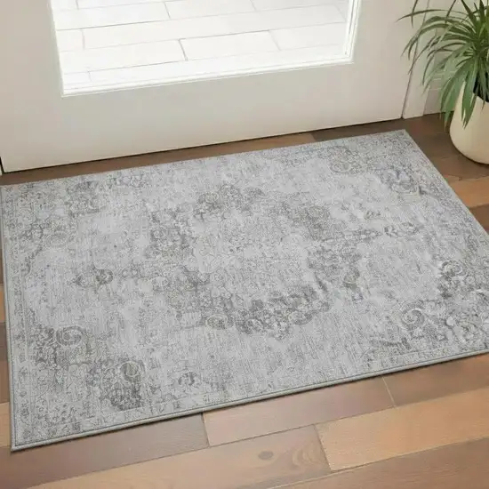 Silver And Gray Oriental Washable Area Rug With UV Protection Photo 2