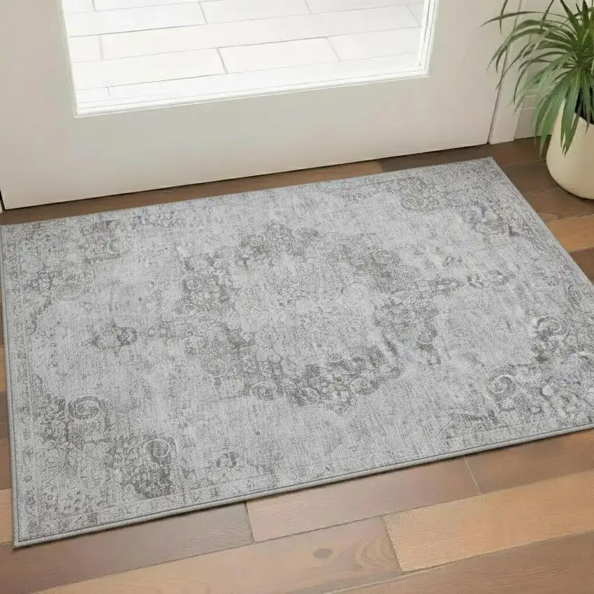 Silver And Gray Oriental Washable Area Rug With UV Protection Photo 2