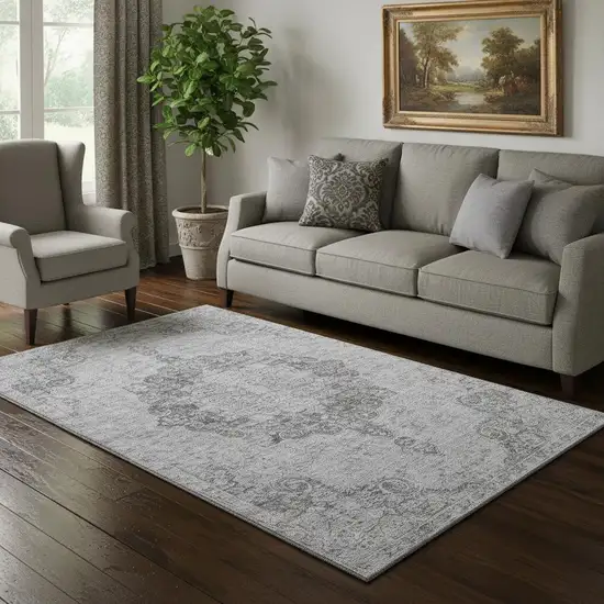 Silver And Gray Oriental Washable Area Rug With UV Protection Photo 2