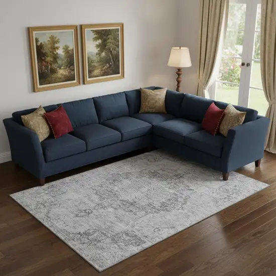 Silver And Gray Oriental Washable Area Rug With UV Protection Photo 2