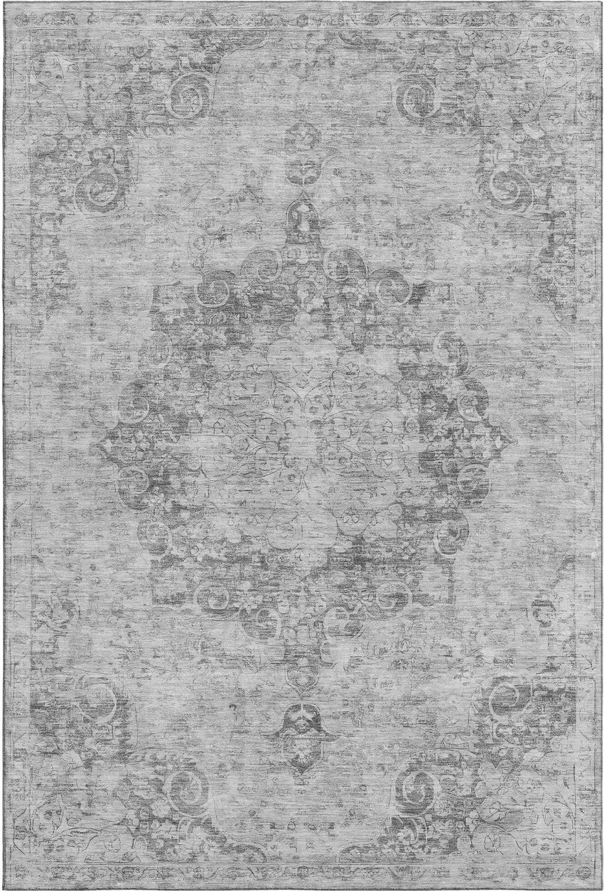 Silver And Gray Oriental Washable Area Rug With UV Protection Photo 1