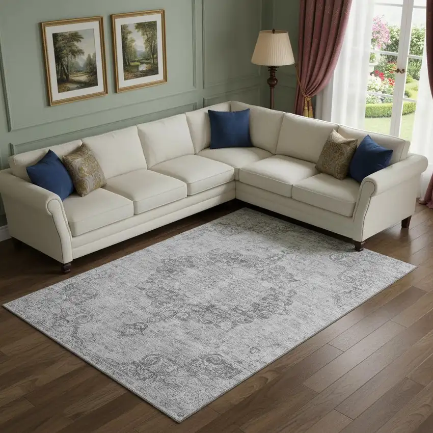 Silver And Gray Oriental Washable Area Rug With UV Protection Photo 2