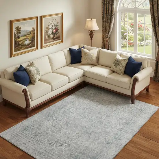 Silver And Gray Oriental Washable Area Rug With UV Protection Photo 2