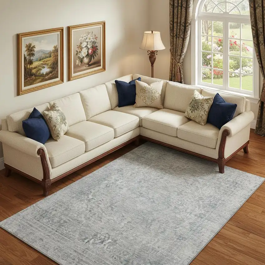 Silver And Gray Oriental Washable Area Rug With UV Protection Photo 2