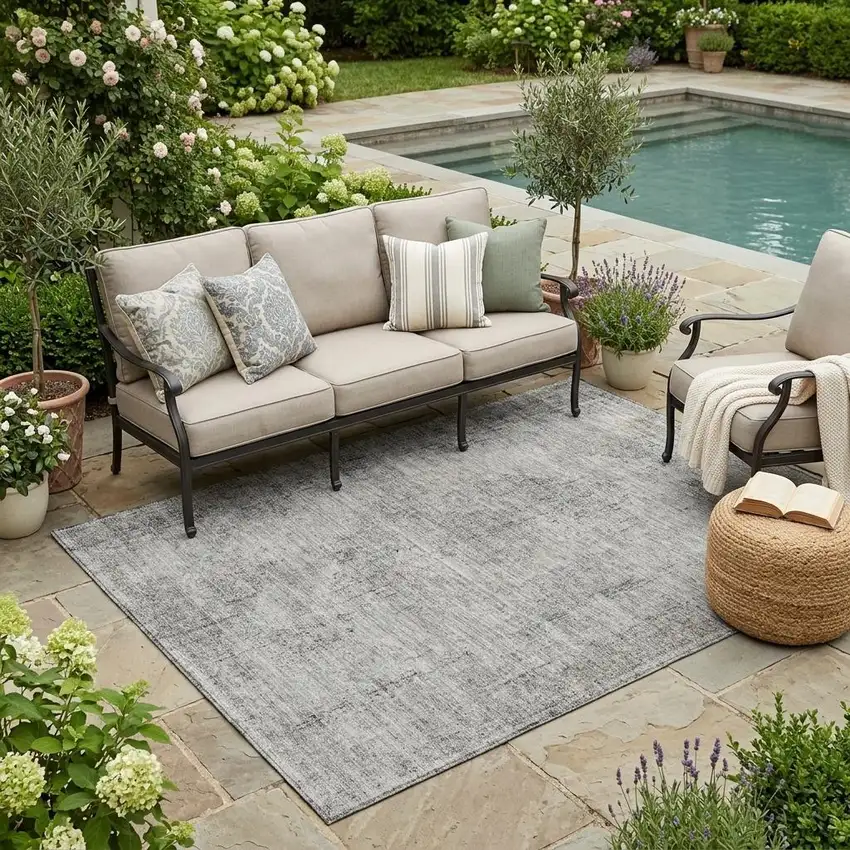 Silver And Gray Oriental Washable Indoor Outdoor Area Rug Photo 1