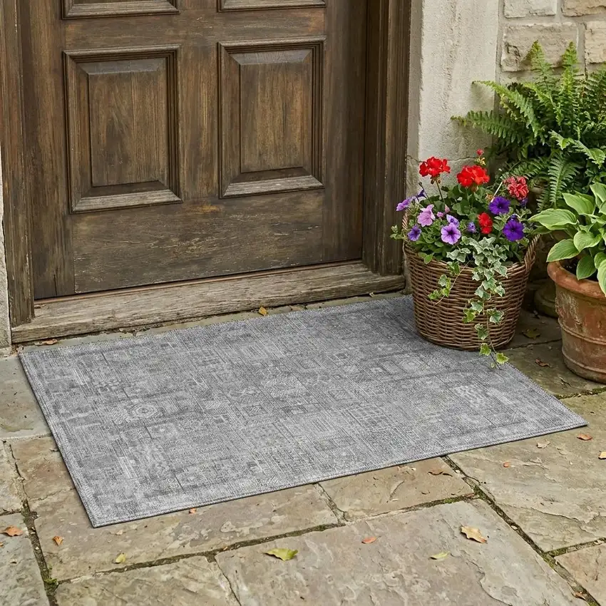 Silver And Gray Oriental Washable Indoor Outdoor Area Rug Photo 1