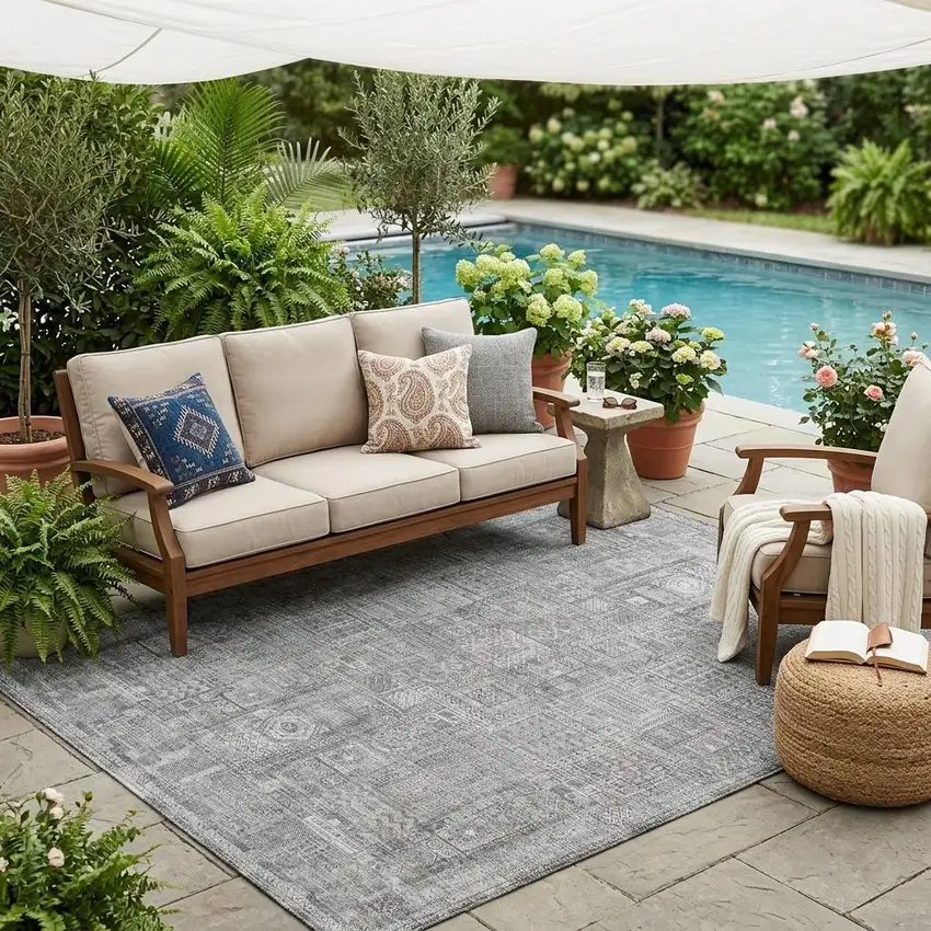 Silver And Gray Oriental Washable Indoor Outdoor Area Rug Photo 1