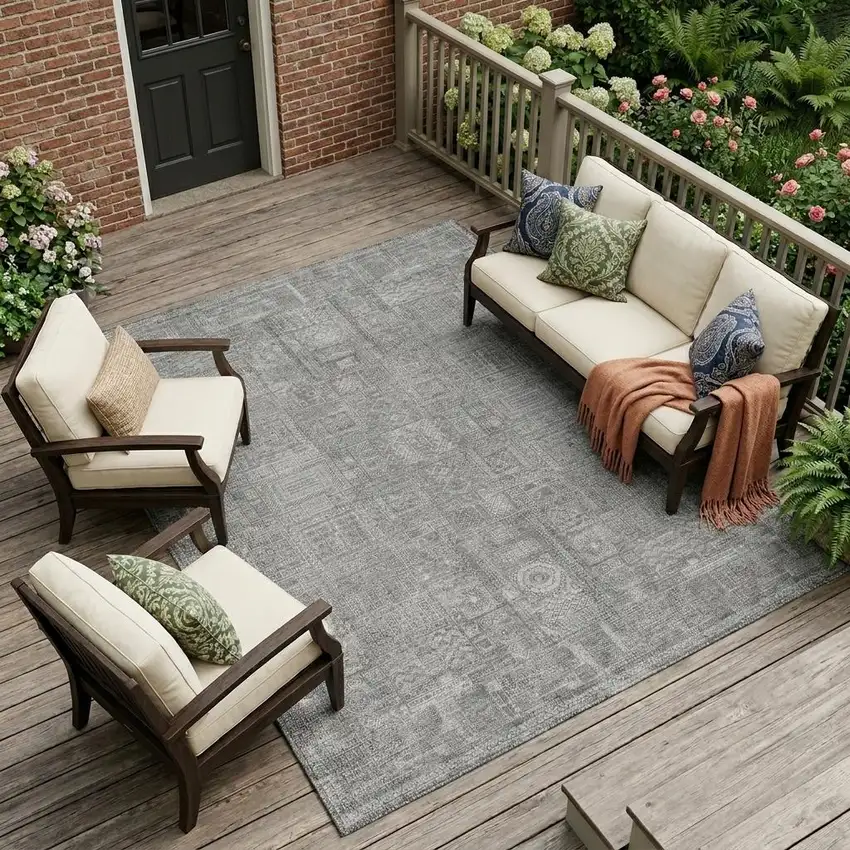 Silver And Gray Oriental Washable Indoor Outdoor Area Rug Photo 1