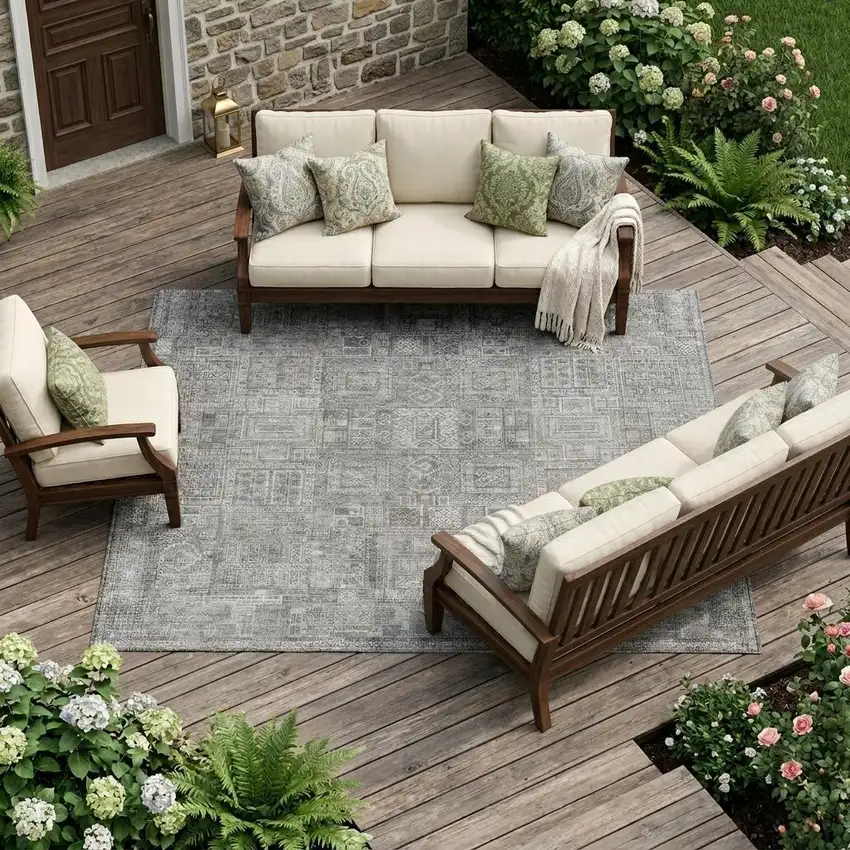 Silver And Gray Oriental Washable Indoor Outdoor Area Rug Photo 1