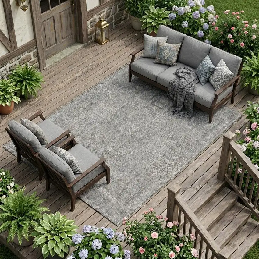 Silver And Gray Oriental Washable Indoor Outdoor Area Rug Photo 1