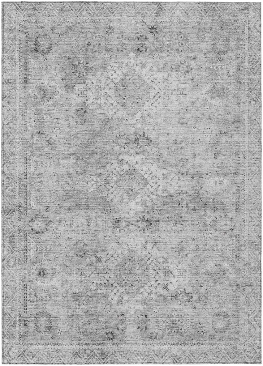 Silver And Gray Oriental Washable Indoor Outdoor Area Rug Photo 2
