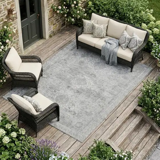 Silver And Gray Oriental Washable Indoor Outdoor Area Rug Photo 1