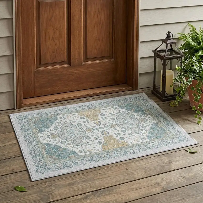 Silver And Gray Oriental Washable Indoor Outdoor Area Rug Photo 1