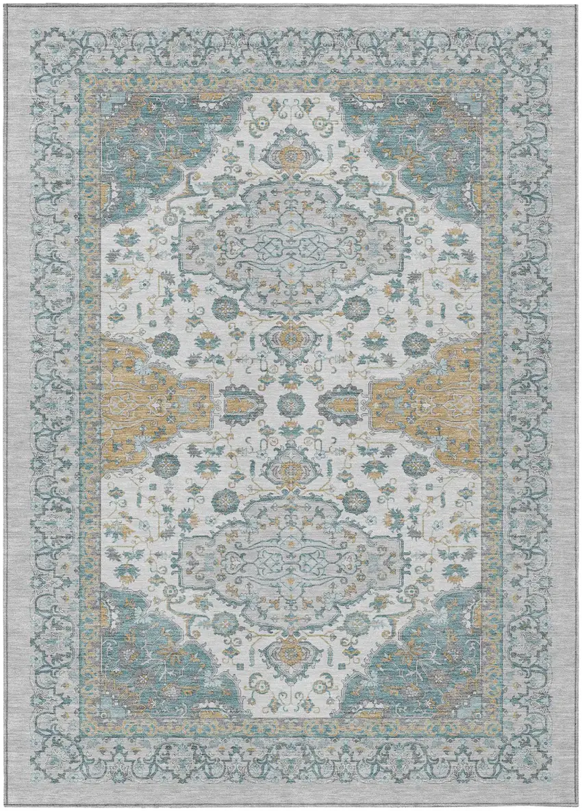 Silver And Gray Oriental Washable Indoor Outdoor Area Rug Photo 2