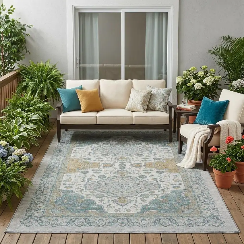Silver And Gray Oriental Washable Indoor Outdoor Area Rug Photo 1