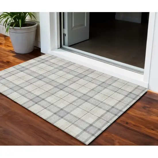 Silver And Gray Plaid Washable Indoor Outdoor Area Rug Photo 1
