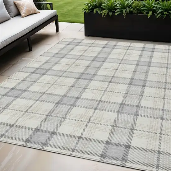 Silver And Gray Plaid Washable Indoor Outdoor Area Rug Photo 1